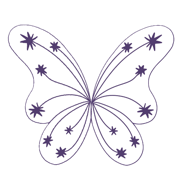 Stylized butterfly with purple outlines and star-like patterns on its wings.