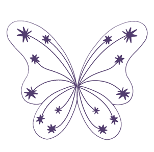Illustration of a butterfly with purple outlines and star-shaped patterns on its wings.
