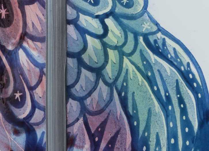 Colorful abstract painting with blue, purple, and pink hues, featuring wave-like patterns and star motifs.