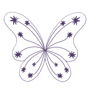 Stylized butterfly with purple outlines and star-like patterns on its wings.