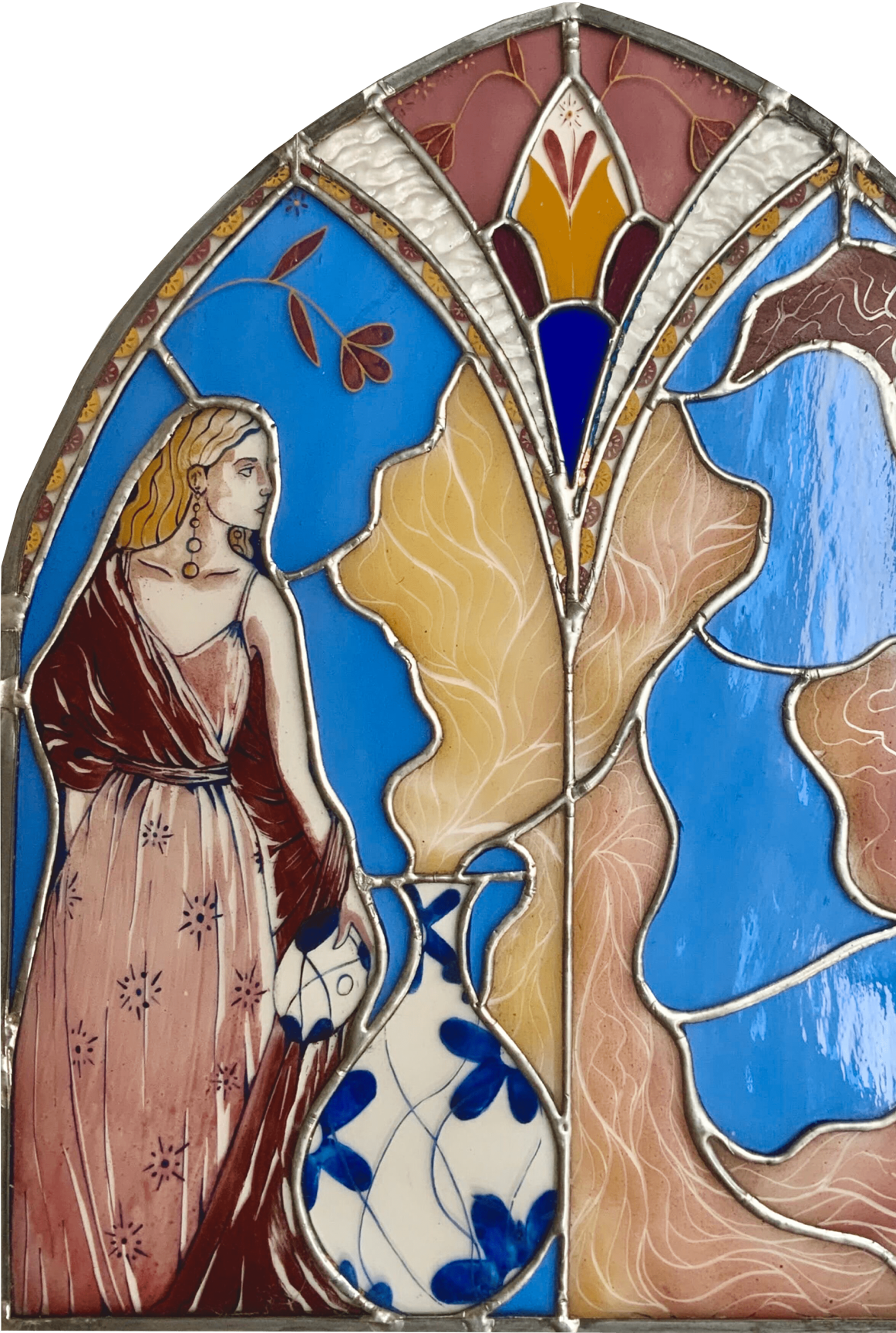 Stained glass window depicting a woman in a flowing dress on the left, with abstract shapes and colors including blue, brown, and beige on the right.