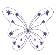 Illustration of a butterfly with purple outlines and star-shaped patterns on its wings.